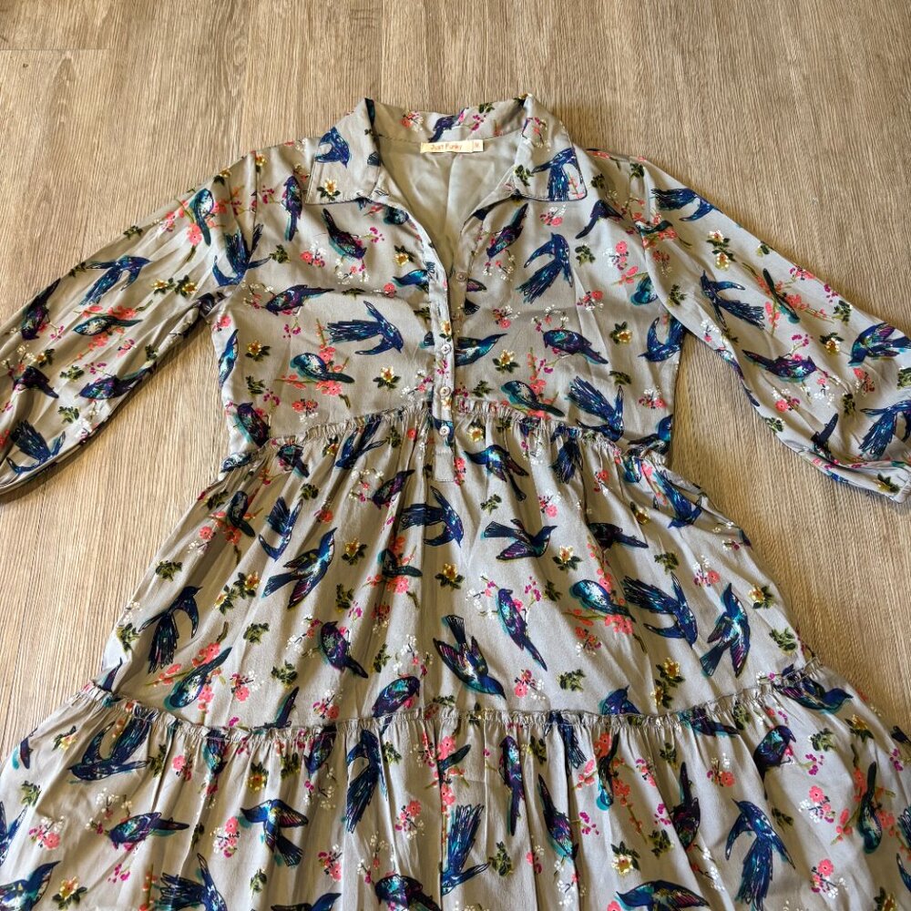 JUST FUNKY Bird & Floral Print Dress - Size M - Picture 3 of 6